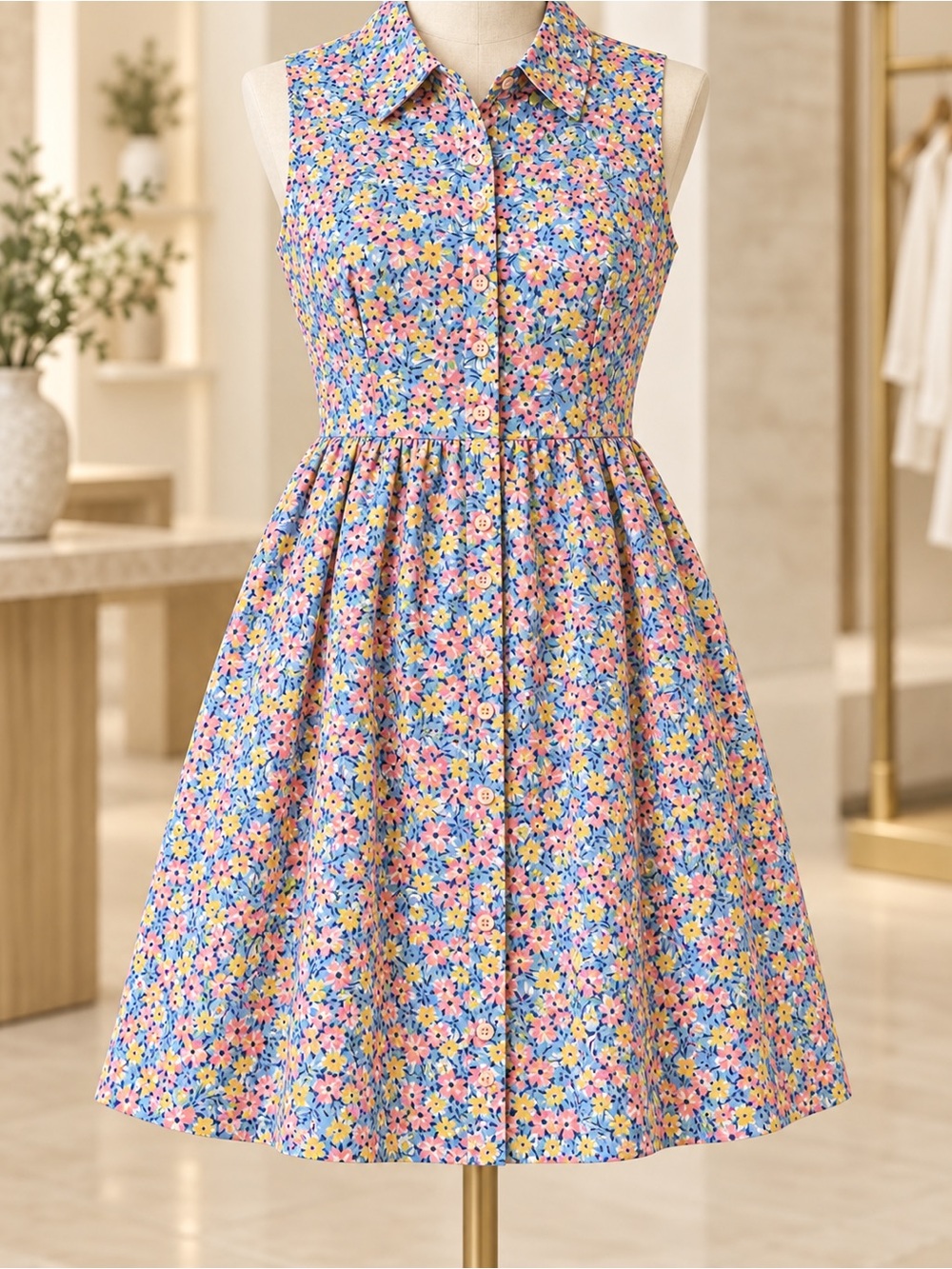 Meet me in Santorini Sleeveless Floral Shirtwaist Dress in Pastel Multicolor New